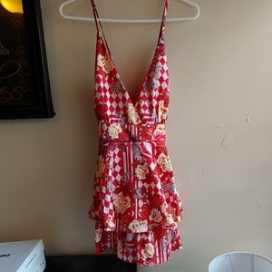 US Women's Size - Large Red Floral Print Dress
